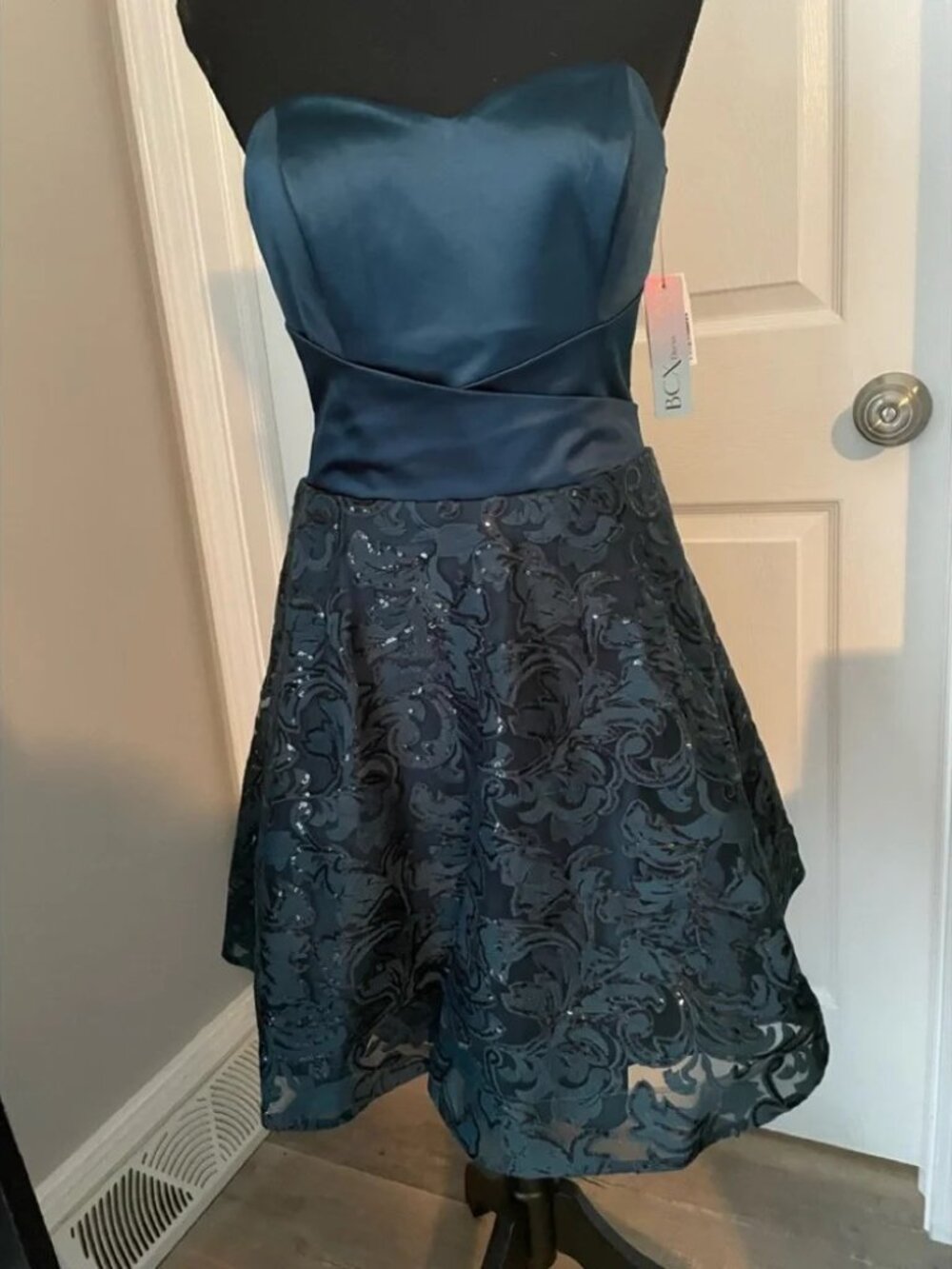 BCX Strapless Navy Blue Floral Jacquard Cocktail Dress